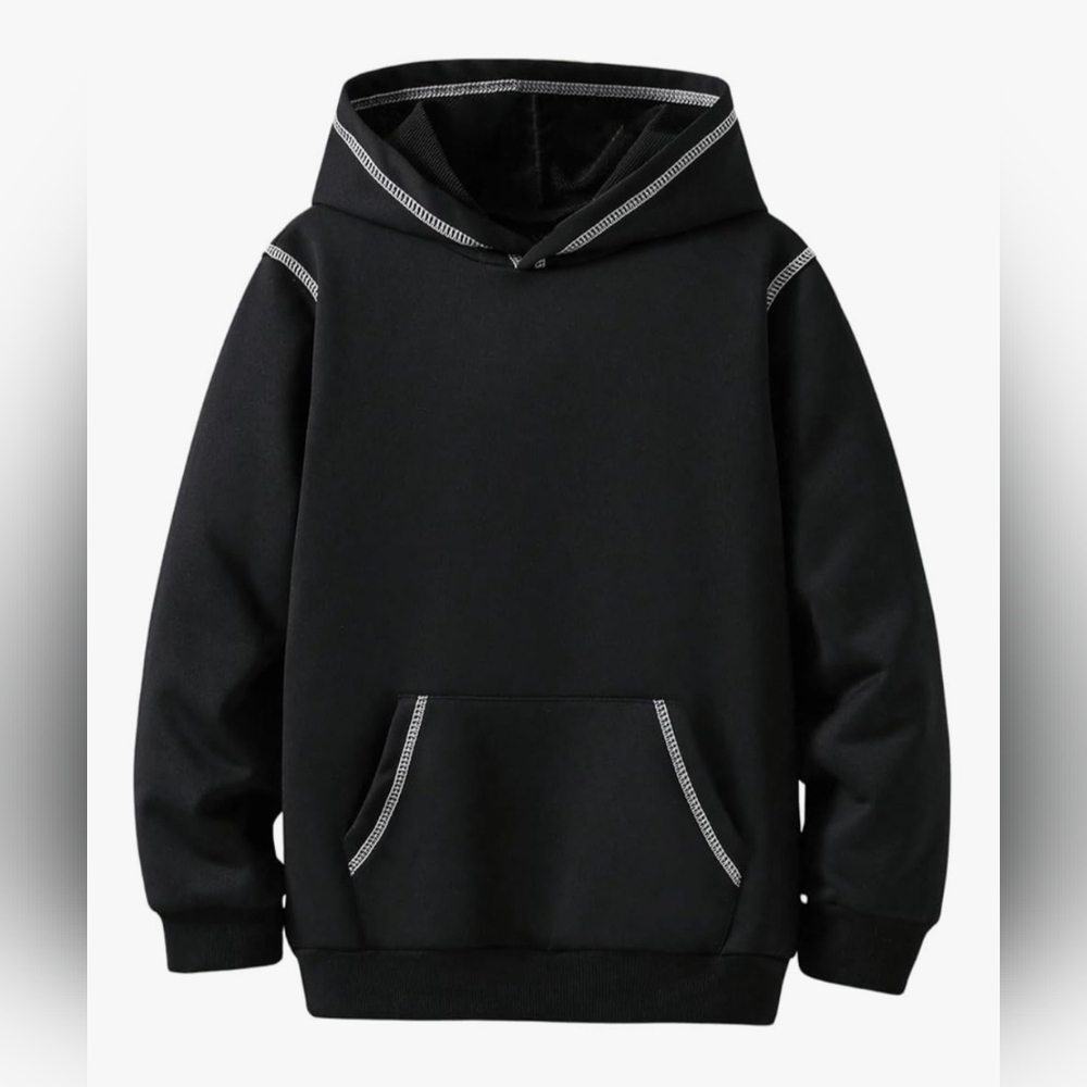 Men's Hooded Black Sweatshirt With White Accent Stitching. M-19